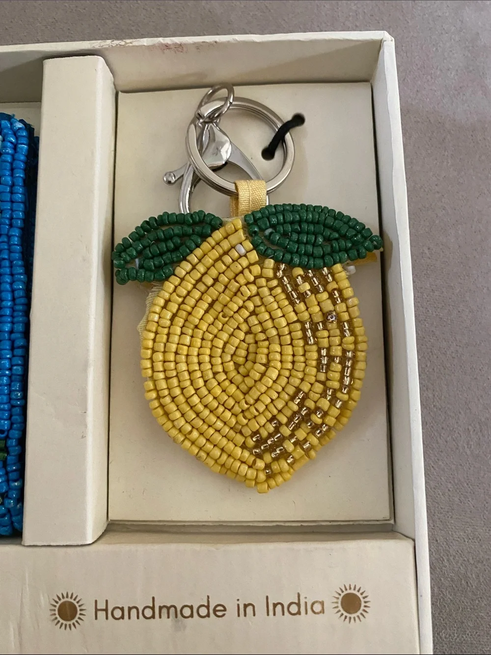 Handmade Blue & Yellow Beaded Coin Purse and Lemon Keychain SET